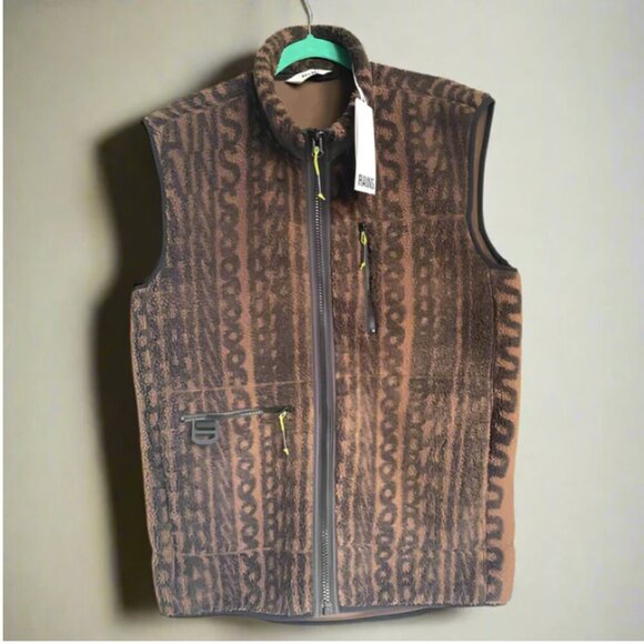 Rains Fleece Vest Mens Medium Brown Winter Warm Full Zip Heavy Monogram - Picture 1 of 6